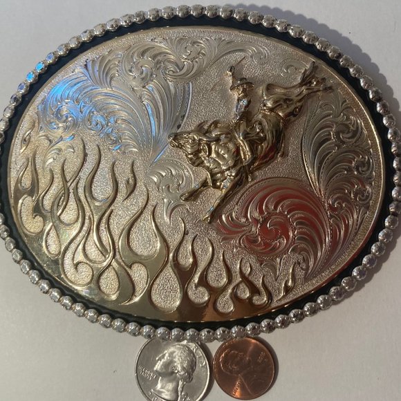 Vintage Metal Belt Buckle, Big Size, 5" x 4", Bull Riding, Cowboy Style, Silver - Picture 1 of 4